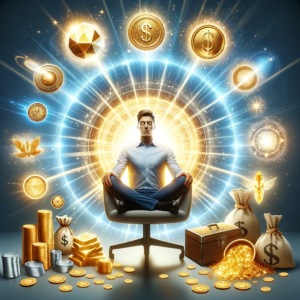 Portraying a person surrounded by a glowing aura of prosperity, this image features floating coins, elegant treasures, and symbols of wealth, embodying the transformation into a mindset of abundance and financial success.