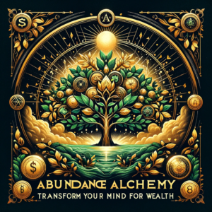 he design evokes a sense of wealth and prosperity, symbolizing the transformation from a scarcity to an abundance mindset. Elements like a flourishing tree and a rising sun represent growth and new beginnings in wealth, set against rich, inviting colors that convey luxury and abundance. The title "Abundance Alchemy" is prominently displayed, suggesting the transformative power of the audio and appealing to those seeking financial growth and a prosperous mindset.