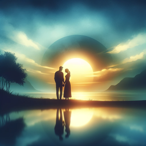 Silhouette of a loving couple against a tranquil backdrop, symbolizing deep trust and intimacy