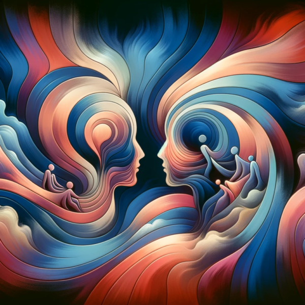 Abstract figures in deep conversation, symbolizing 'Intimate Echoes' hypnosis audio