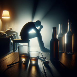 This image depicts the isolation and disconnection caused by alcohol abuse. It shows a solitary figure in a dimly lit room, surrounded by empty glasses or bottles, symbolizing the loneliness and separation from loved ones due to alcohol.