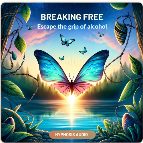 The cover image for the hypnosis audio "Breaking Free: Escape the Grip of Alcohol" has been created. It symbolizes the journey of overcoming alcohol dependency and embracing personal growth and freedom, incorporating elements like a sunrise over a calm sea, a butterfly emerging from a cocoon, and a lush forest path to represent transformation, renewal, and a sober life. This cover art visually captures the essence of the audio, inviting listeners into a transformative journey towards sobriety and personal empowerment.