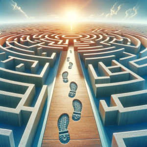 Footsteps leading away from a labyrinth, indicating the start of a journey towards pain relief