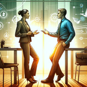 Two people engaging in a confident and assertive conversation, embodying effective communication skills. This image showcases the empowerment and connection that come from confident and assertive communication in various life settings.